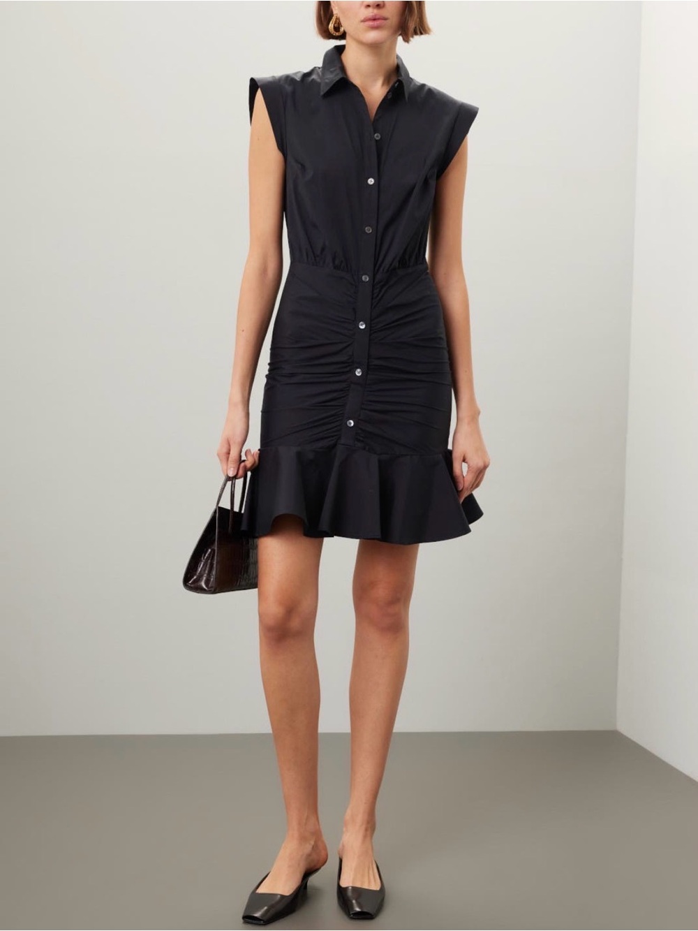 Veronica Beard Ruched Shirt Mini Dress with Ruffle Hem - Picture 1 of 11